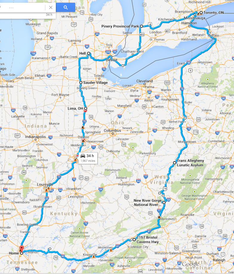 West Virginia / Canada 2014 Trip in Google Maps